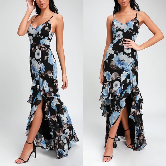 Lulus Artwin Black Floral Print Ruffled High-Low Maxi Dress size Medium - Picture 1 of 6